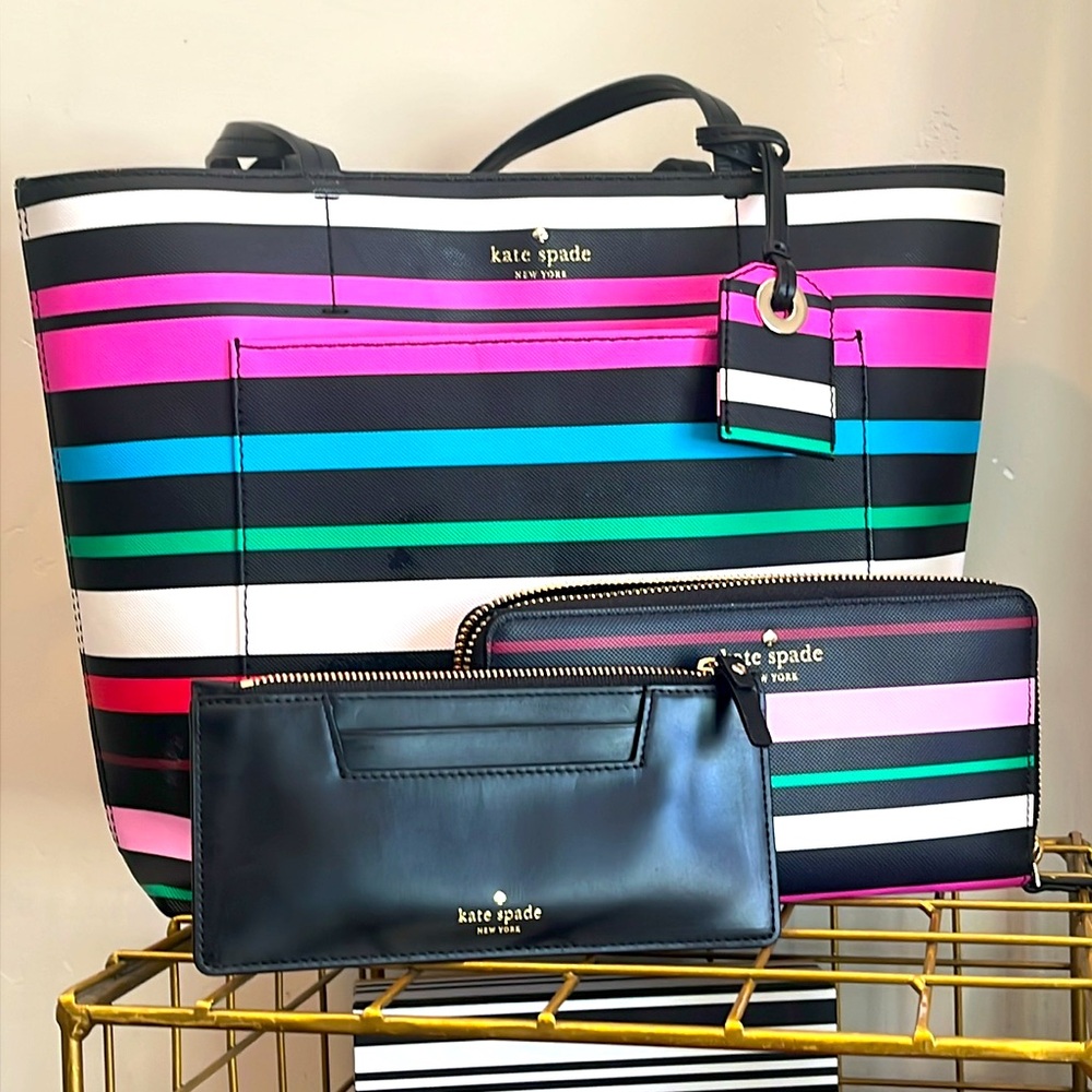 Kate Spade Black Multicolor Striped Tote with Matching Wallets